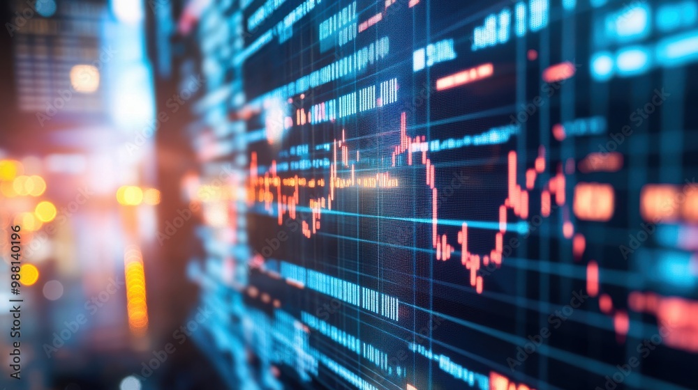 Close-up of digital screen showing financial news ticker with stock market charts, highlighting Federal Reserve comments' influence on market volatility. Close-up of digital screen showing financial news ticker with stock market charts, highlighting Federal Reserve comments' influence on market volatility.