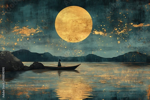 Glowing Moon Reflection on Water with a Man in a Boat in a Serene Night Lake Scene. photo