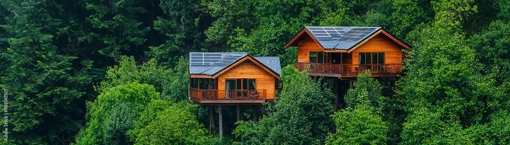 Modern wooden houses perched amidst lush green trees on a serene hillside. Modern wooden houses perched amidst lush green trees on a serene hillside.