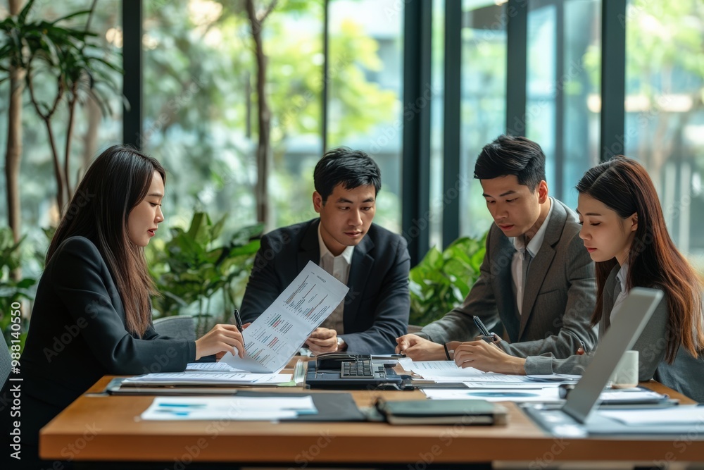 Asian group of people working with documents have financial charts on a board room table at a business presentation Asian group of people working with documents have financial charts on a board room table at a business presentation