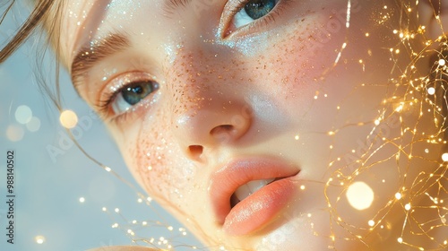 A captivating close-up portrait of a woman with sparkling skin and twinkling lights surrounding her, representing beauty, enchantment, and the magic of the moment.