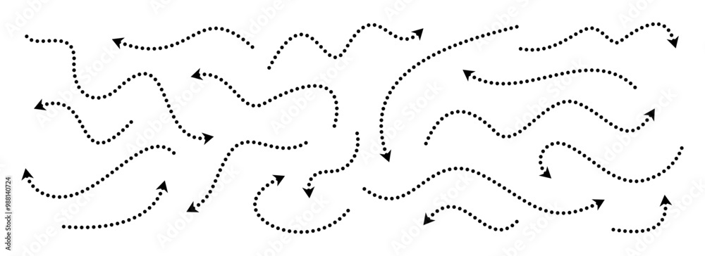 Black dotted arrows set. Wavy and curved dashed arrow collection. Doodle sketched thin pointers and direction lines. Dots squiggle stripe design elements bundle for flyer, poster, brochure. Vector Black dotted arrows set. Wavy and curved dashed arrow collection. Doodle sketched thin pointers and direction lines. Dots squiggle stripe design elements bundle for flyer, poster, brochure. Vector