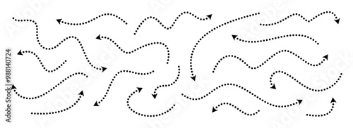 Black dotted arrows set. Wavy and curved dashed arrow collection. Doodle sketched thin pointers and direction lines. Dots squiggle stripe design elements bundle for flyer, poster, brochure. Vector