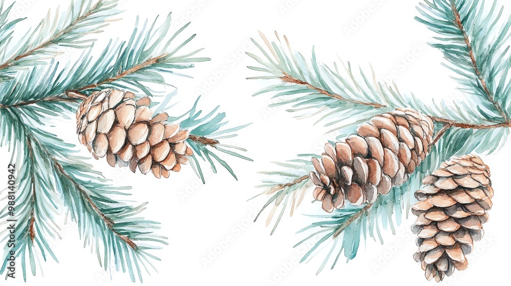 Watercolor Pine Needles Pine branches and cones Watercolor Pine Needles Pine branches and cones