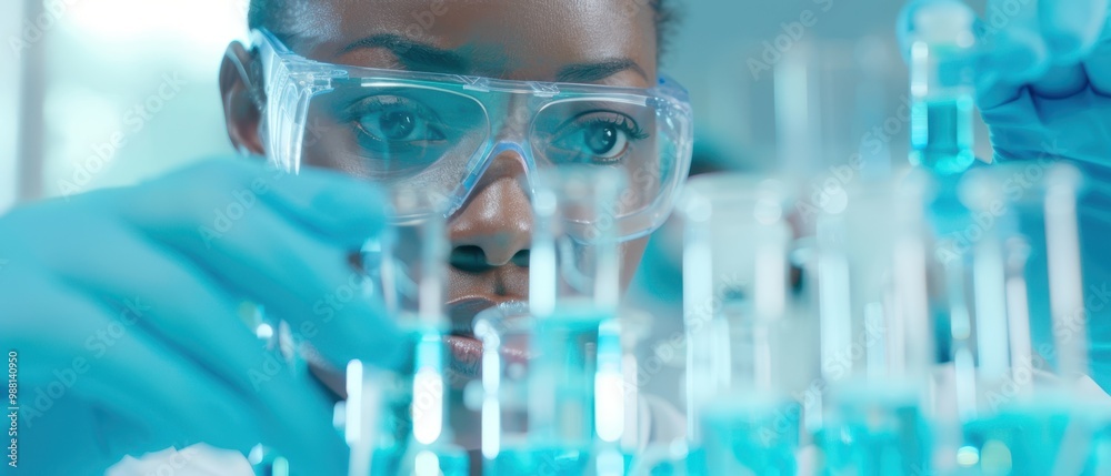 Black female scientist analyzing medicine vials in a modern research lab, showcasing innovation, dedication, and the pursuit of scientific discovery in healthcare. Black female scientist analyzing medicine vials in a modern research lab, showcasing innovation, dedication, and the pursuit of scientific discovery in healthcare.