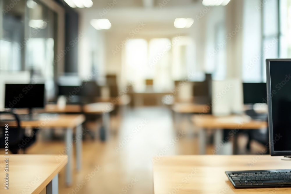 Blurred Modern Office Space with Desks and Computers Blurred Modern Office Space with Desks and Computers