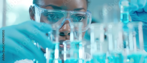 Black female scientist analyzing medicine vials in a modern research lab, showcasing innovation, dedication, and the pursuit of scientific discovery in healthcare.