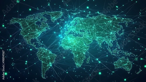 Glowing Digital World Map with Interconnected Lines Representing Global Networks