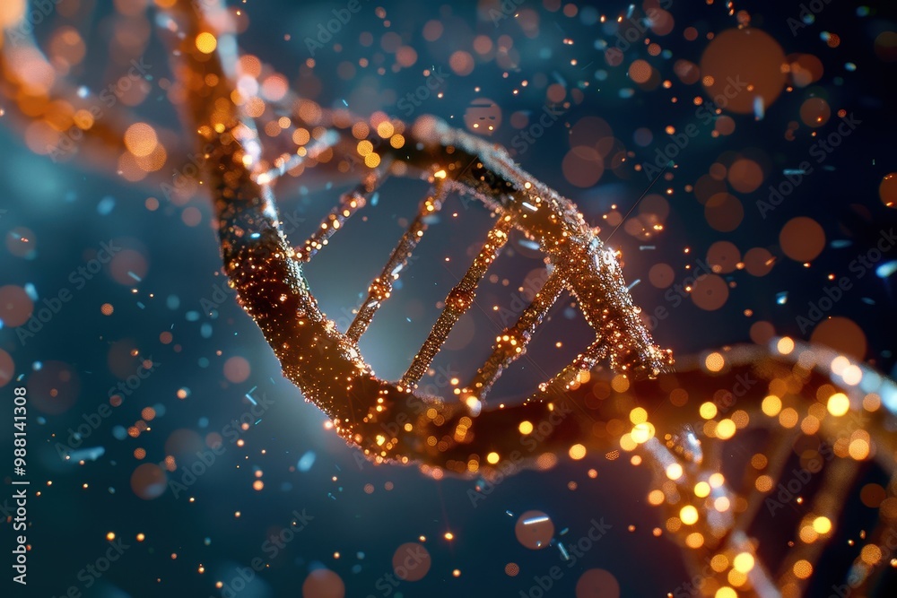 Glowing DNA Helix, an intricate close-up showcasing the elegant structure of a DNA double helix intertwined with vibrant, luminous particles, symbolizing life and genetic complexity. Glowing DNA Helix, an intricate close-up showcasing the elegant structure of a DNA double helix intertwined with vibrant, luminous particles, symbolizing life and genetic complexity.
