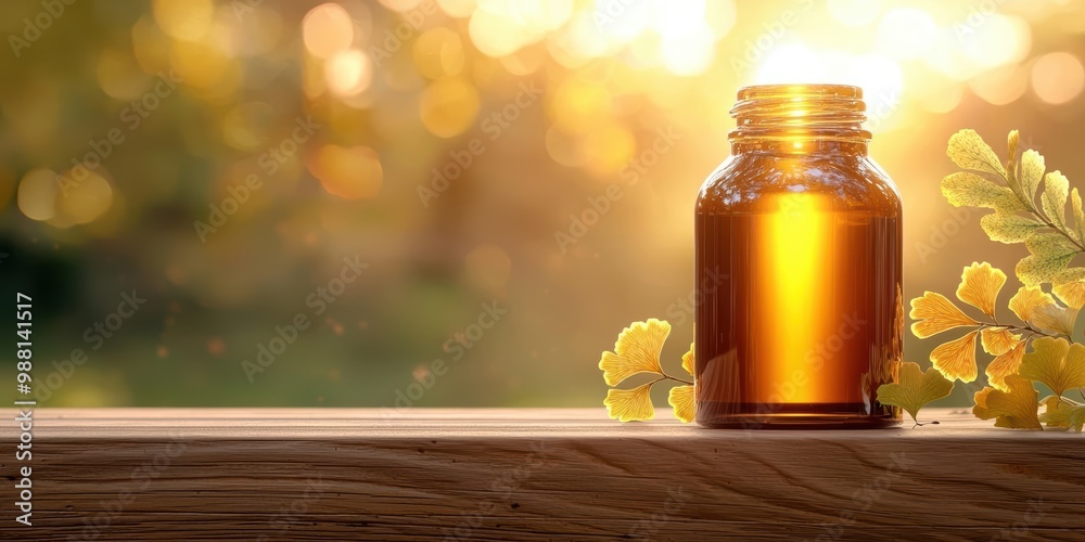 Amber glass jar on wooden table, sunlight shining through, herbs in background. Amber glass jar on wooden table, sunlight shining through, herbs in background.