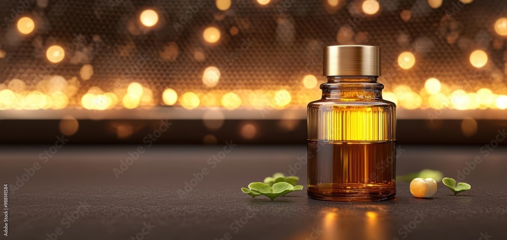 Aromatic essential oil bottle with natural ingredients, soft bokeh background. Aromatic essential oil bottle with natural ingredients, soft bokeh background.