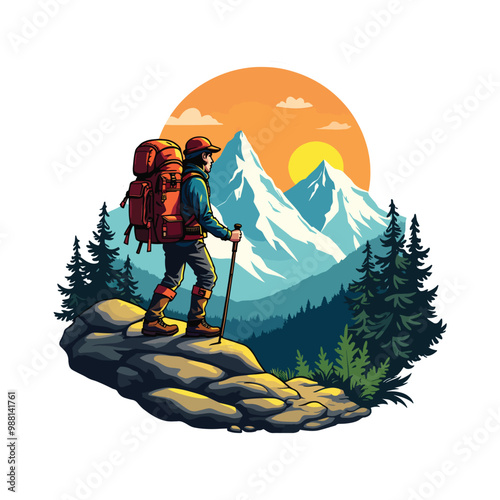 Mountain explorer hiking adventure sticker with Illustration