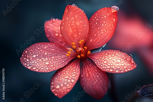 Close-Up of a Beautiful Flower in Vibrant Red Colors on a Solid Textured Background. photo