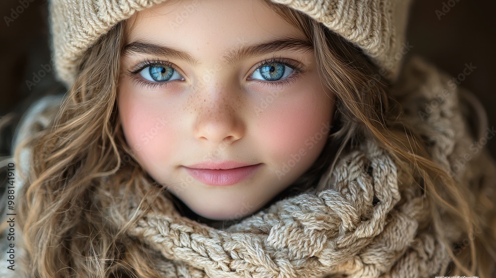 Cute Little Girl with Blue Eyes Wearing Knitted Hat and Scarf Cute Little Girl with Blue Eyes Wearing Knitted Hat and Scarf