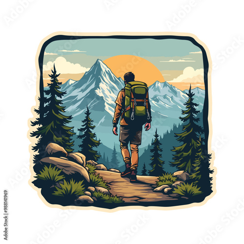 Mountain explorer hiking adventure sticker with Illustration