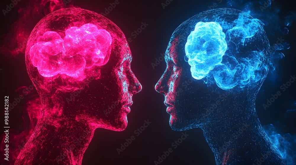 Futuristic puzzle piece heads facing each other, vibrant neon holographic overlay of thoughts, technology meeting emotions, AI-generated digital design, vivid blue and pink lights Futuristic puzzle piece heads facing each other, vibrant neon holographic overlay of thoughts, technology meeting emotions, AI-generated digital design, vivid blue and pink lights