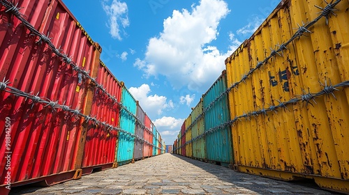 Colorful Shipping Containers with Barbed Wire Security photo