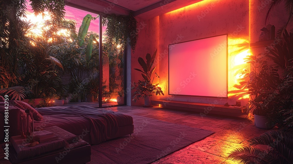 Fototapeta premium Modern Bedroom Interior Design with Sunset View and Tropical Plants