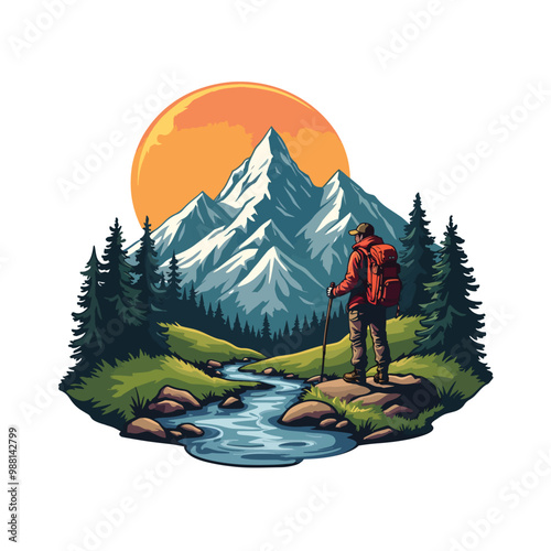 Mountain explorer hiking adventure sticker with Illustration