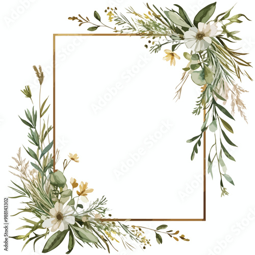 Dried grass floral bouquet, frame. Wildflowers, herbs border painted in watercolor. Botanical boho elements isolated on white. Wedding invitation, greeting, card, print
