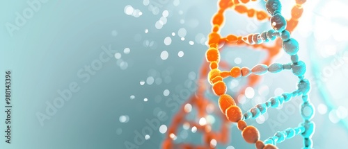 Turquoise and Orange DNA Helix Design, vibrant swirling strands symbolize life and genetics, blank area for personalized messaging or titles, ideal for educational or promotional use