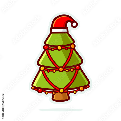 Cute cartoon illustration christmas tree with colorful decorative lights and santa hat outline, suitable for logo, sticker, icon, etc.