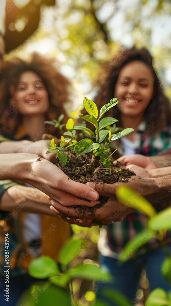 Fototapeta premium Group with earth day, teamwork and spring with support, sustainability and eco friendly