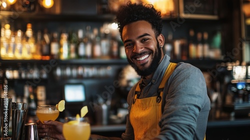 A cheerful bartender in a bright yellow apron smiles while serving colorful cocktails in a vibrant bar setting.