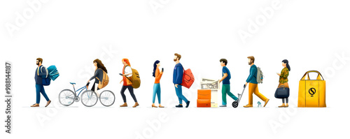 A diverse group of travelers with backpacks, bicycles, and luggage showcasing various modes of transportation for journeys. photo