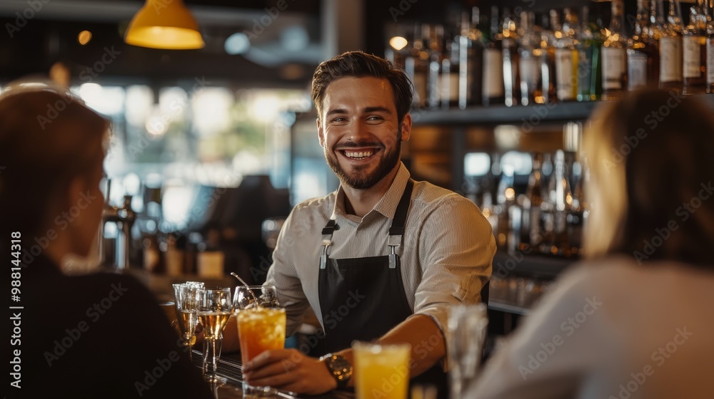 A cheerful bartender serves drinks to customers in a cozy bar setting, surrounded by various liquor bottles.