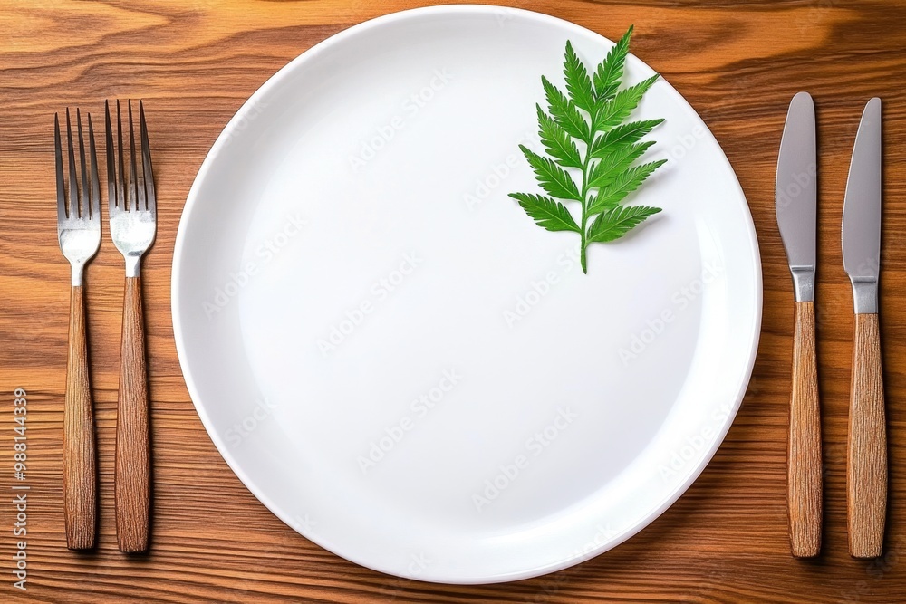 A close-up of a clean white plate on a wooden dining table, with a sprig of greenery as the only decoration A close-up of a clean white plate on a wooden dining table, with a sprig of greenery as the only decoration