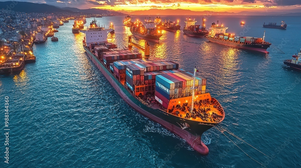 Fototapeta premium Cargo Ship at Sunset with City Skyline and Container Cargo