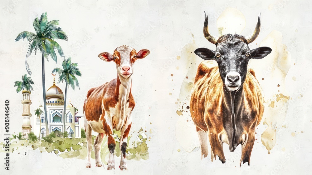 Obraz premium Watercolor Painting of Cows and a Mosque