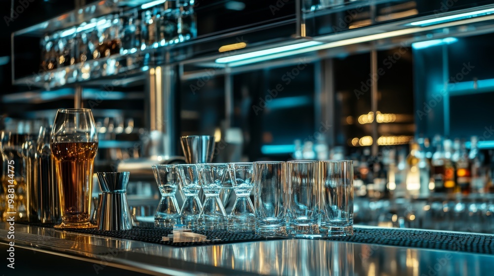 A stylish bar scene featuring glasses and bottles with a modern design, illuminated by soft blue and amber lighting. A stylish bar scene featuring glasses and bottles with a modern design, illuminated by soft blue and amber lighting.