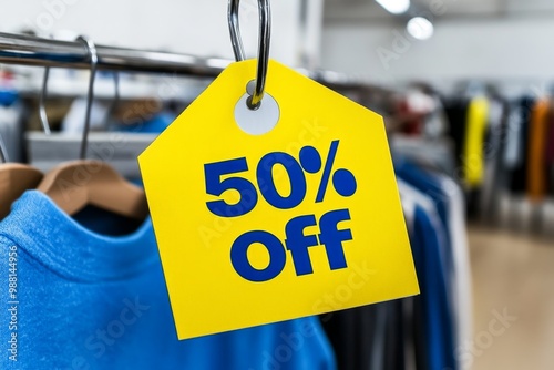 A close-up of a sale tag hanging from a clothing rack, with bold â€œ50% offâ€ lettering attracting customers photo