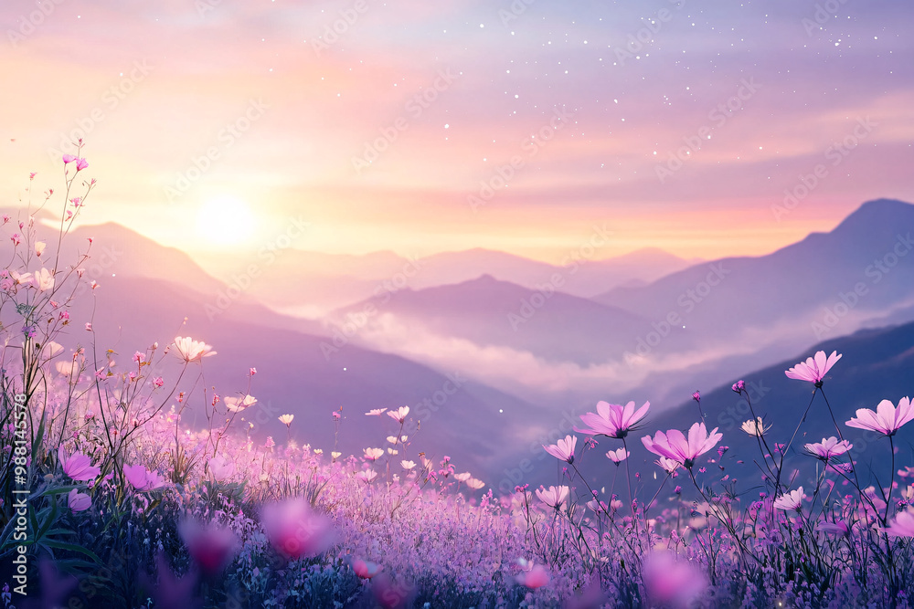 Stunning Sunset Over Mountain Range With Field of Pink Flowers Stunning Sunset Over Mountain Range With Field of Pink Flowers