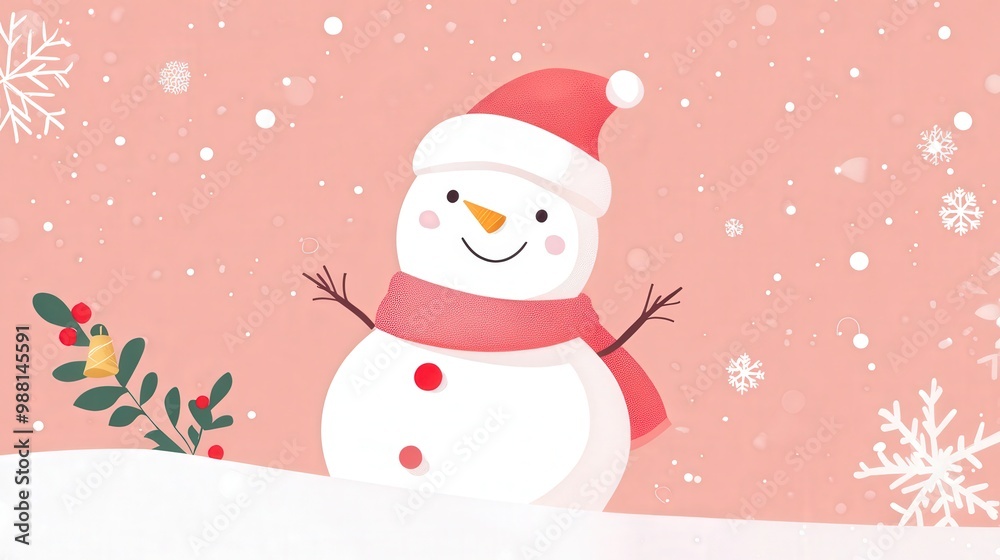 Cheerful Cartoon Snowman in Minimalistic 2D Vector Style with Festive Accents on Soft Pastel Background Cheerful Cartoon Snowman in Minimalistic 2D Vector Style with Festive Accents on Soft Pastel Background