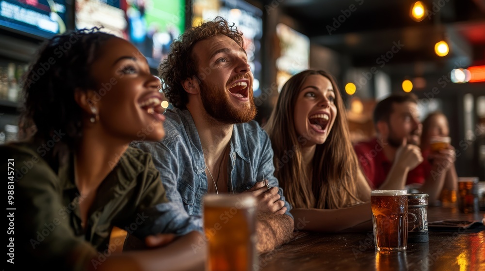 **Description:** A lively group of friends enjoying drinks at a bar, laughing and cheering together in a vibrant atmosphere. **Description:** A lively group of friends enjoying drinks at a bar, laughing and cheering together in a vibrant atmosphere.