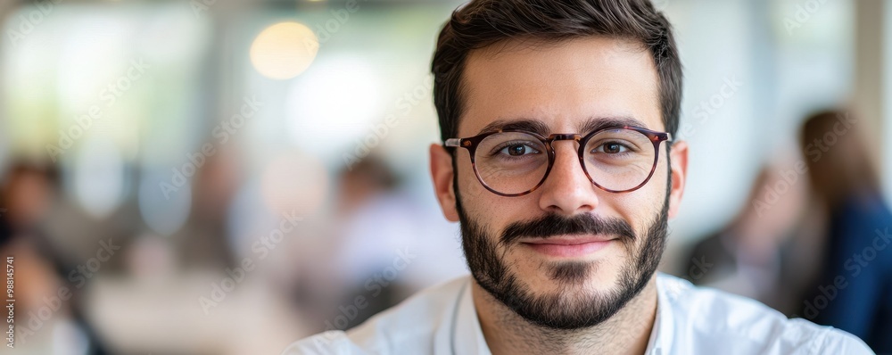 Smiling man with glasses in a modern workspace. Smiling man with glasses in a modern workspace.