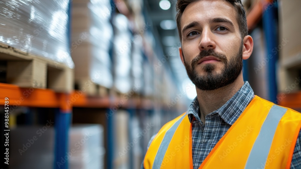 Warehouse worker in safety vest, focused on his tasks. Warehouse worker in safety vest, focused on his tasks.