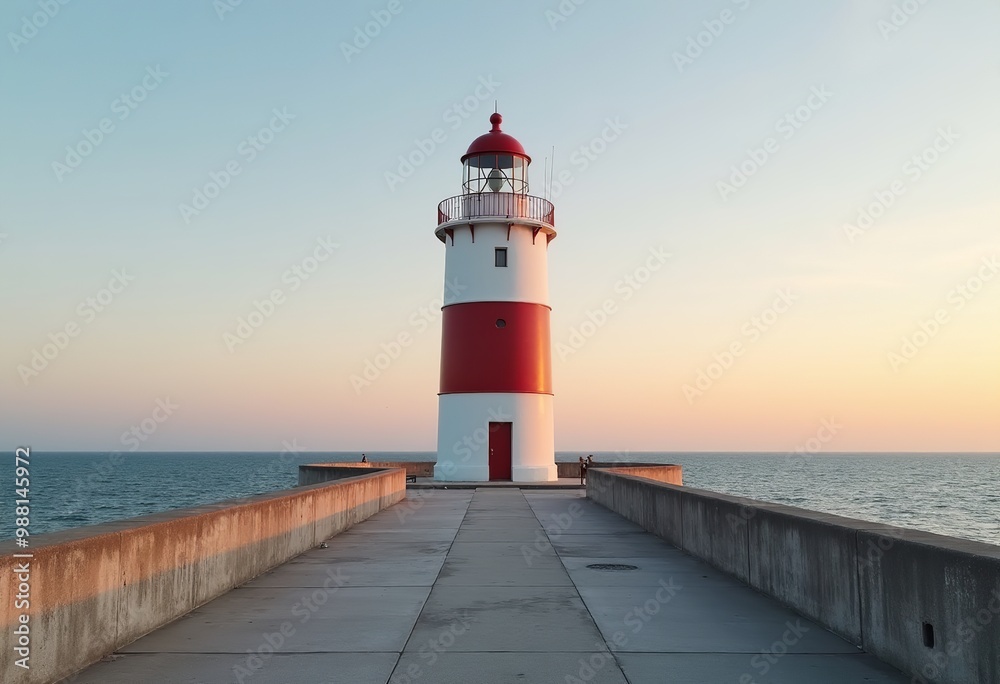 Coastal Concrete Pier: A Minimalist Seascape with a Classic Lighthouse Coastal Concrete Pier: A Minimalist Seascape with a Classic Lighthouse