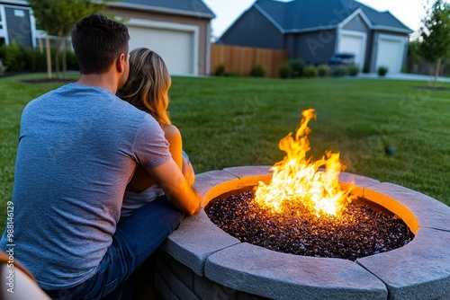 A couple sitting by a fire pit in their backyard, quietly enjoying the warmth and peacefulness of the evening photo