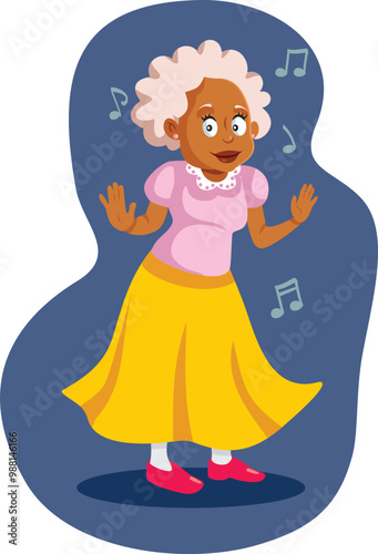 Happy Senior Lady of African Descent Dancing Vector Cartoon. Enthusiastic grandma moving with energy being active 
