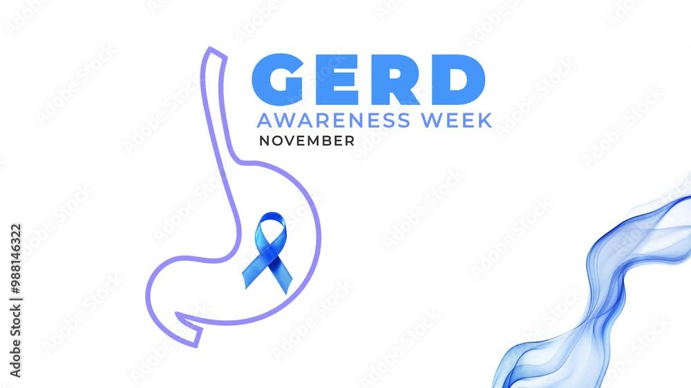 GERD Awareness Week. Blue color ribbon and stomach motion. GERD Awareness Week. Blue color ribbon and stomach motion.