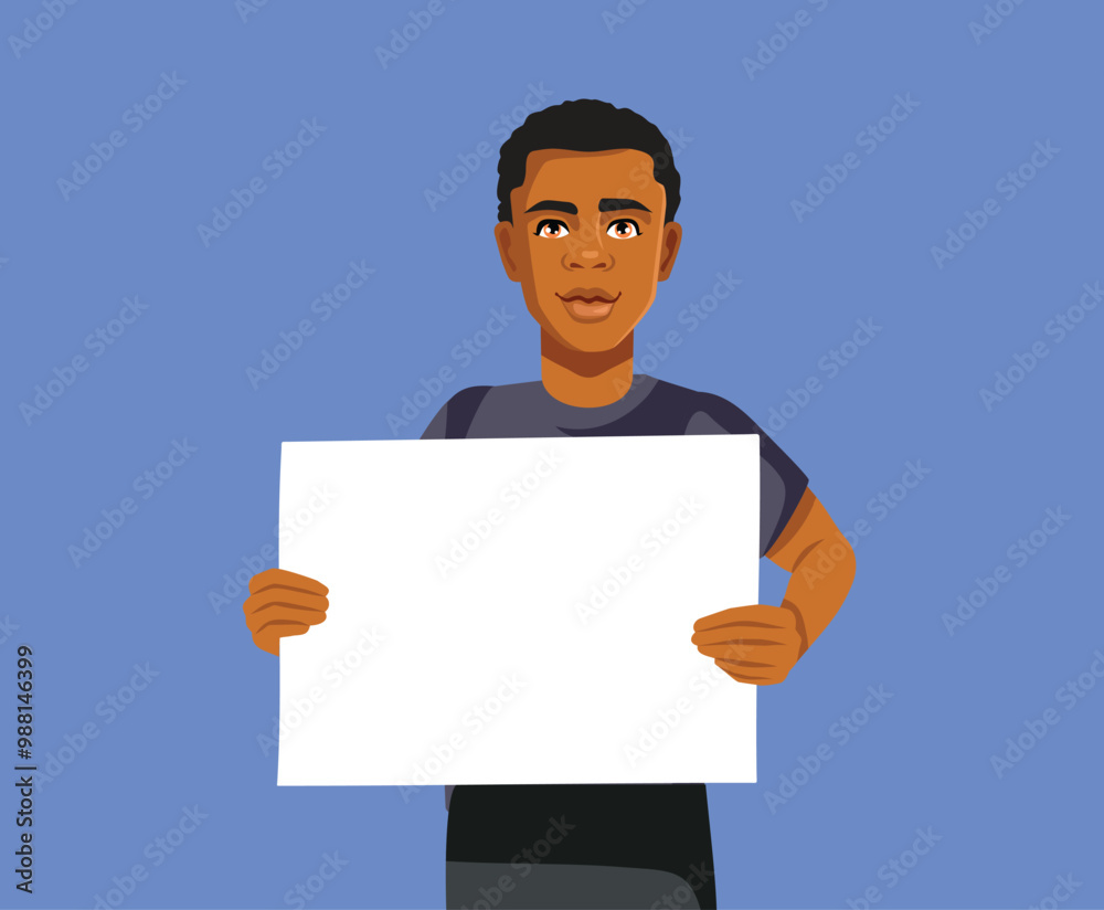 Man of African Ethnicity Holding a Blank Sign Board Vector Illustration. Guy with an empty mock-up signboard for presentation 
