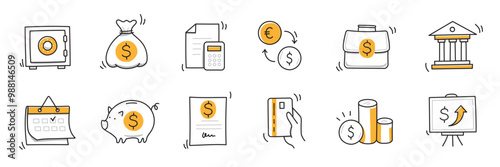 Money finance doodle hand drawn icon set. Finance business, money, bank sketch drawn cute trendy doodle icon. Business bank sketchy calculator, increase economic goal elements. Vector illustration