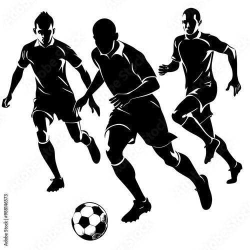 Soccer Players Silhouette Vector  Football Player Running, Kicking Ball   Sports Team Black Clipart for Game or Match Design. football plyer vector.