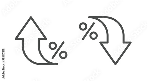 Percent arrow icon. Growth, increase, decrease arrow filled icons. Up arrows, down arrows. Vector