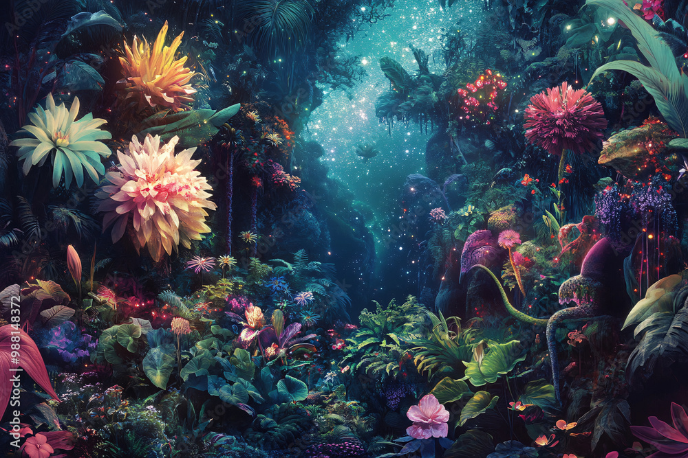 Enchanted Forest: Glowing Flowers and a Cosmic Sky Enchanted Forest: Glowing Flowers and a Cosmic Sky