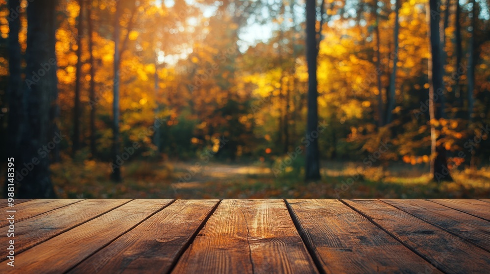 Wooden table top with autumn forest. Beautiful fall background Wooden table top with autumn forest. Beautiful fall background